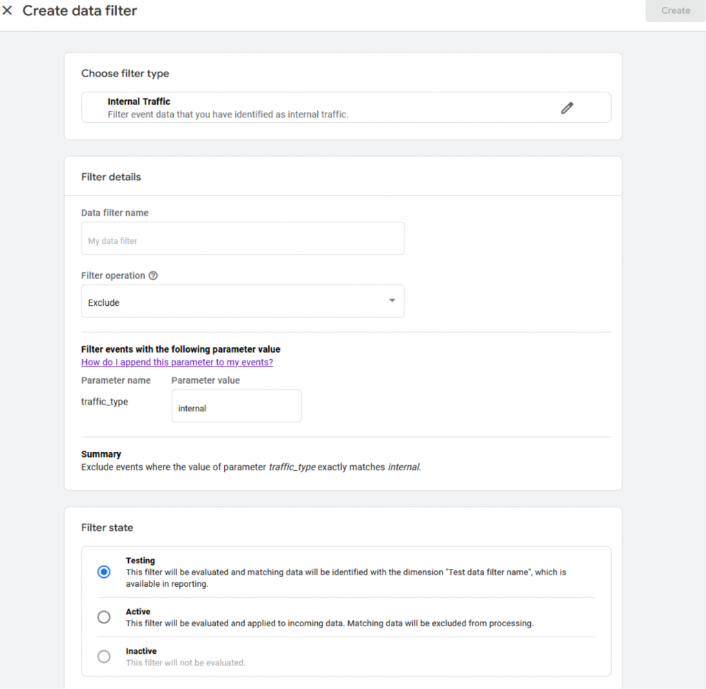 Creating a data filter in GA4.