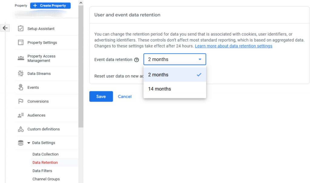 Changing data retention settings in GA4. 