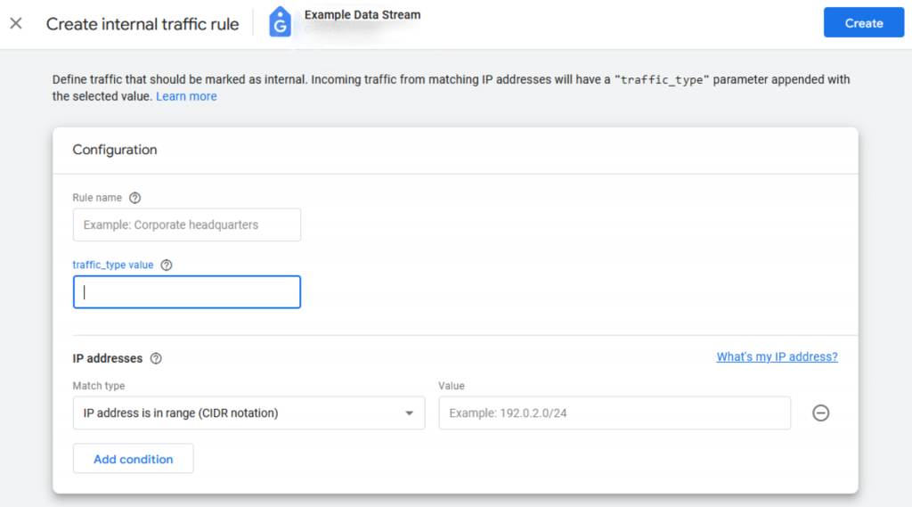 Creating an internal traffic rule in GA4.