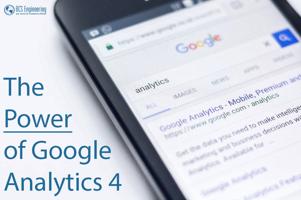 A mobile device with Google Analytics open on screen, with overlaid text 'The Power of Google Analytics!'